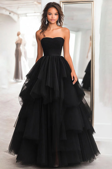 Black Ball Gown Strapless Tulle Tiered Long Formal Dress